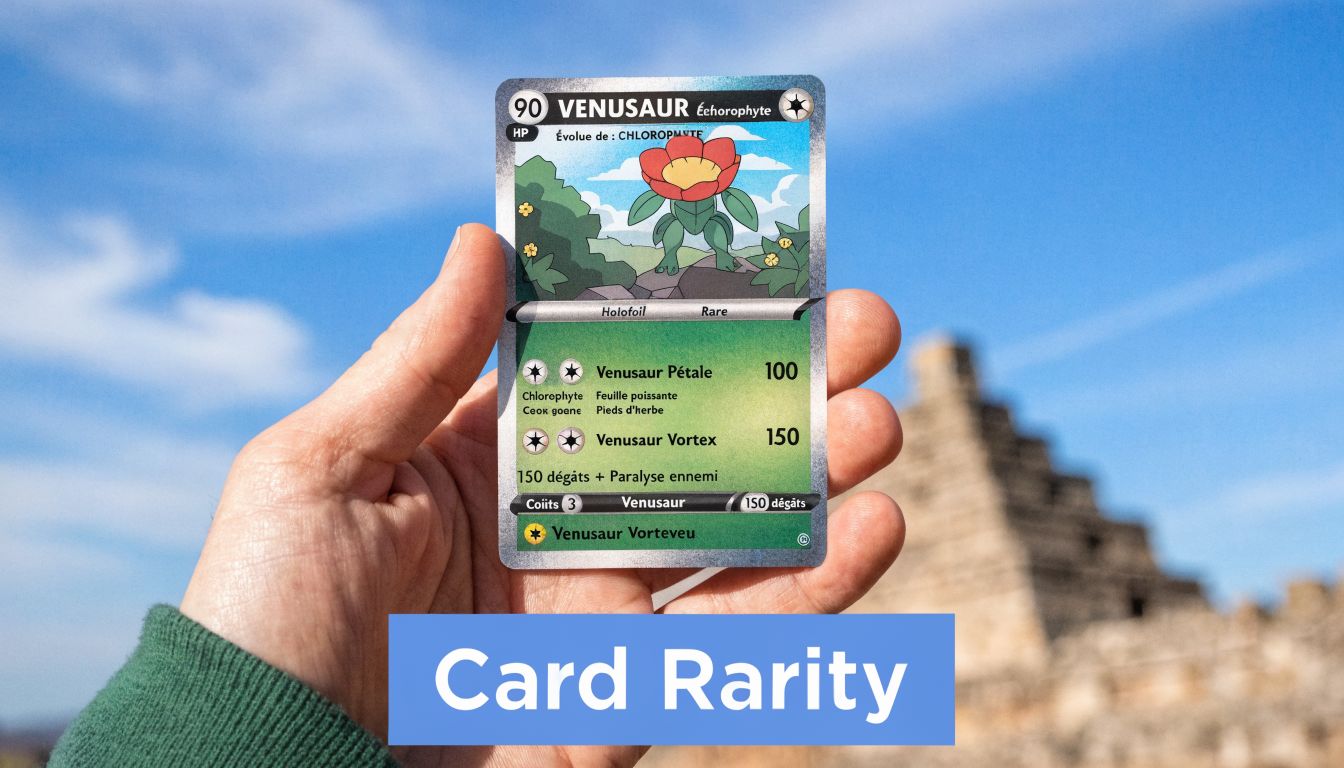 Une main tenant une carte Pokémon personnalisée de Venusaur devant un paysage avec une pyramide en arrière-plan.