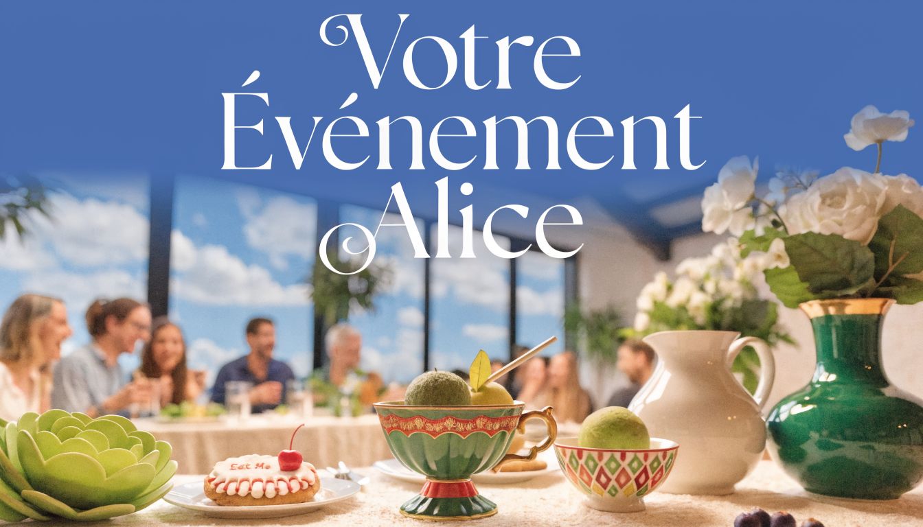 Table décorée sur le thème d'Alice au pays des merveilles lors d'un événement festif avec des invités.