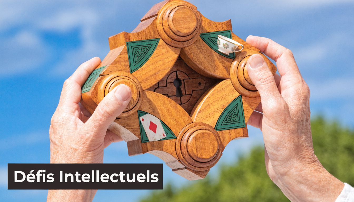 Une personne âgée tenant un puzzle en bois complexe sur fond de ciel bleu et nature.