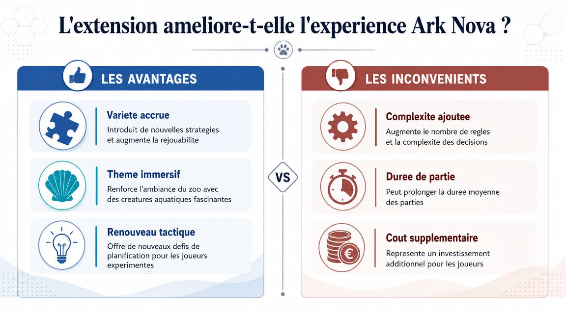 Tableau comparatif des avantages et inconvénients de l'extension du jeu de société Ark Nova pour les joueurs.
