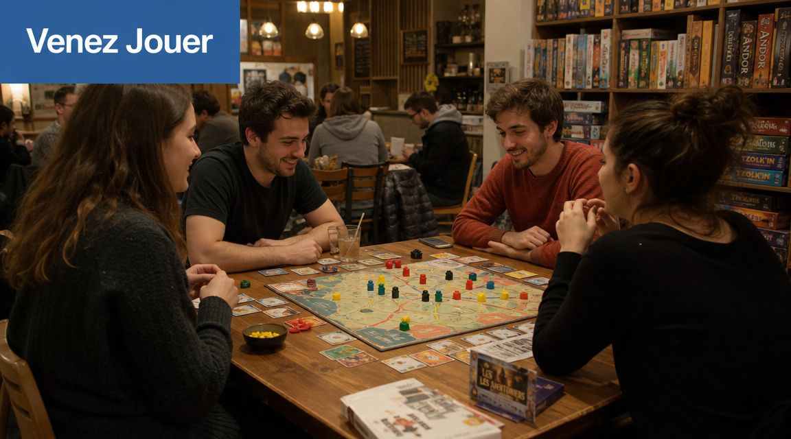 Un groupe de quatre amis jouant à un jeu de société autour d'une table dans un café