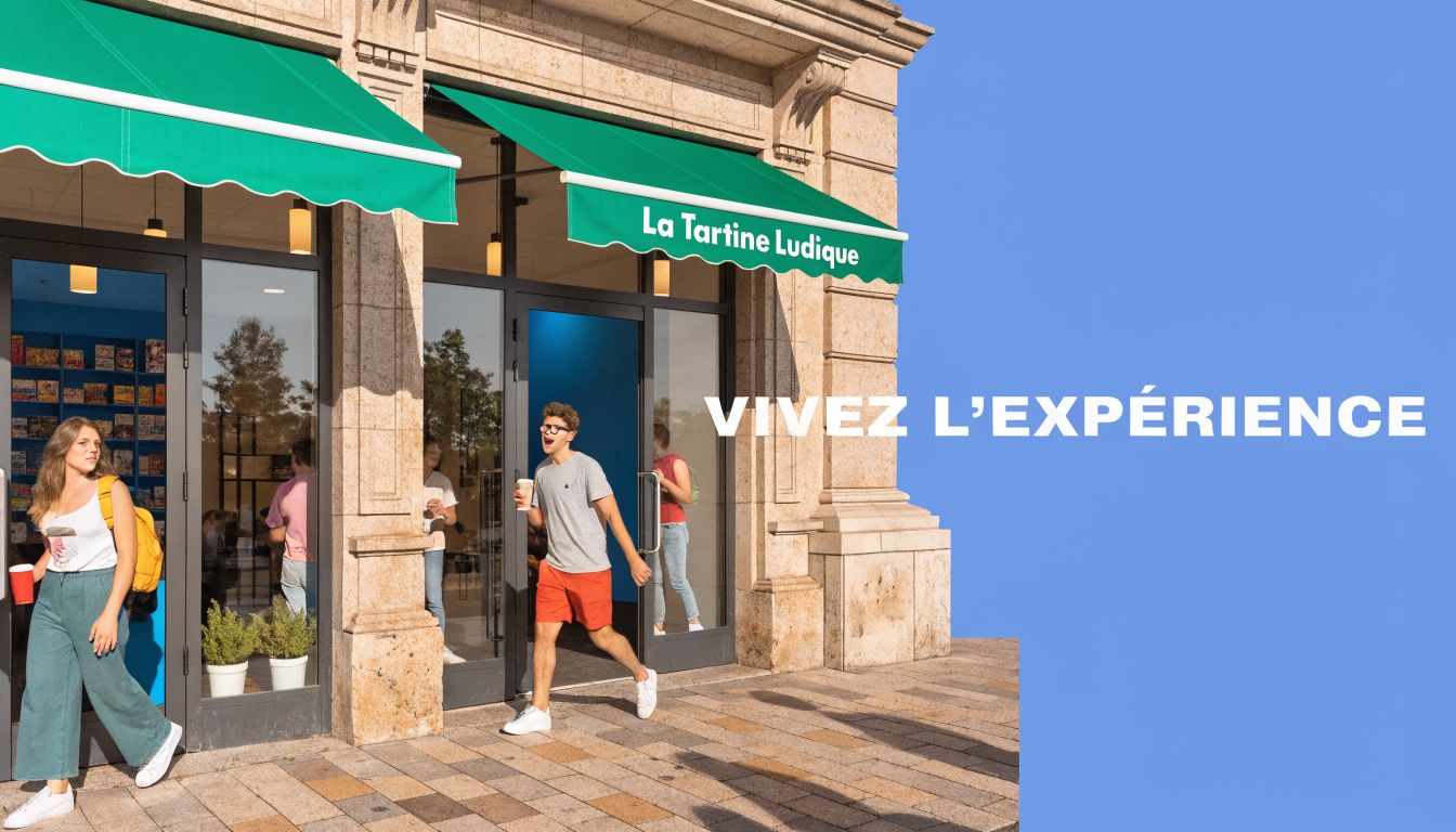 Des jeunes adultes sortant d'une boutique nommée La Tartine Ludique spécialisée dans les jeux de société.