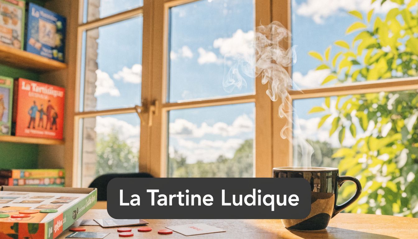 Une tasse de café fumante et des jeux de société sur une table devant une fenêtre ensoleillée.