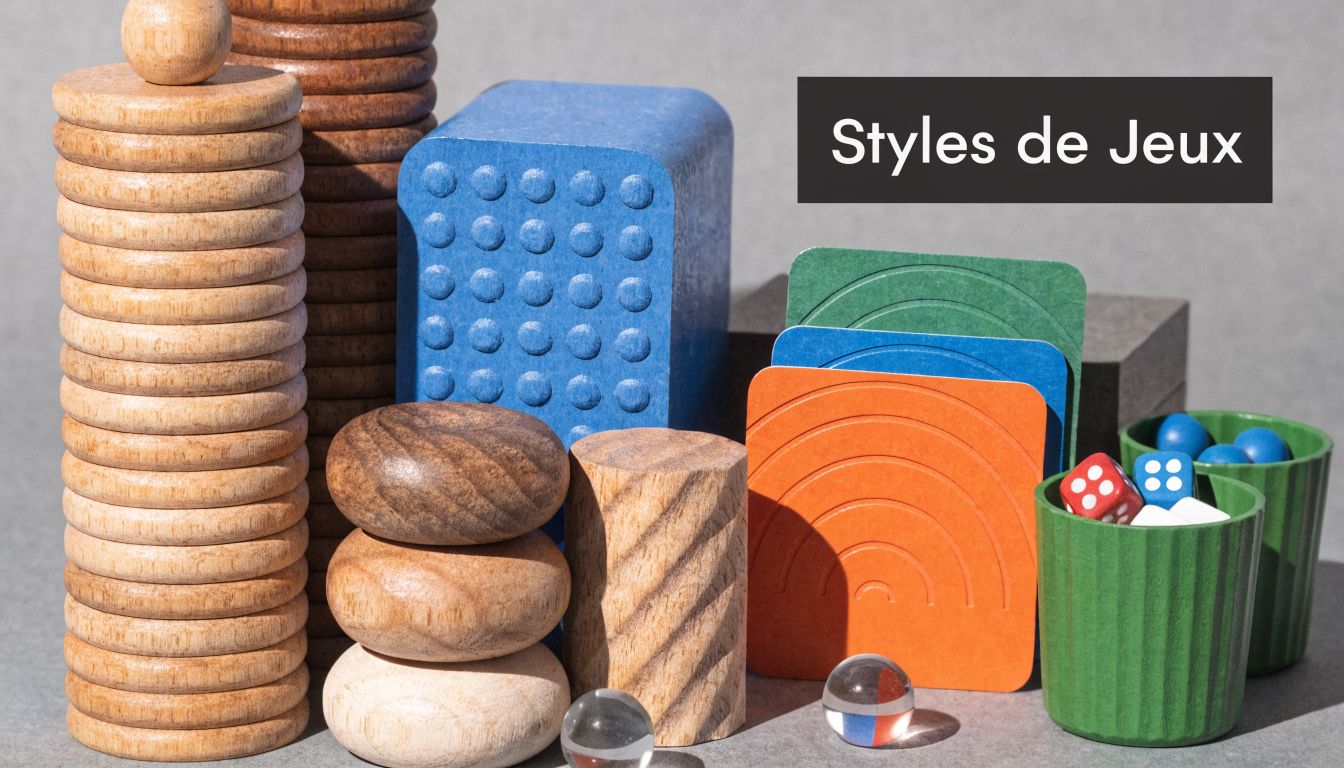 Empilement de jouets en bois, jetons colorés et dés disposés de manière ludique sur fond gris