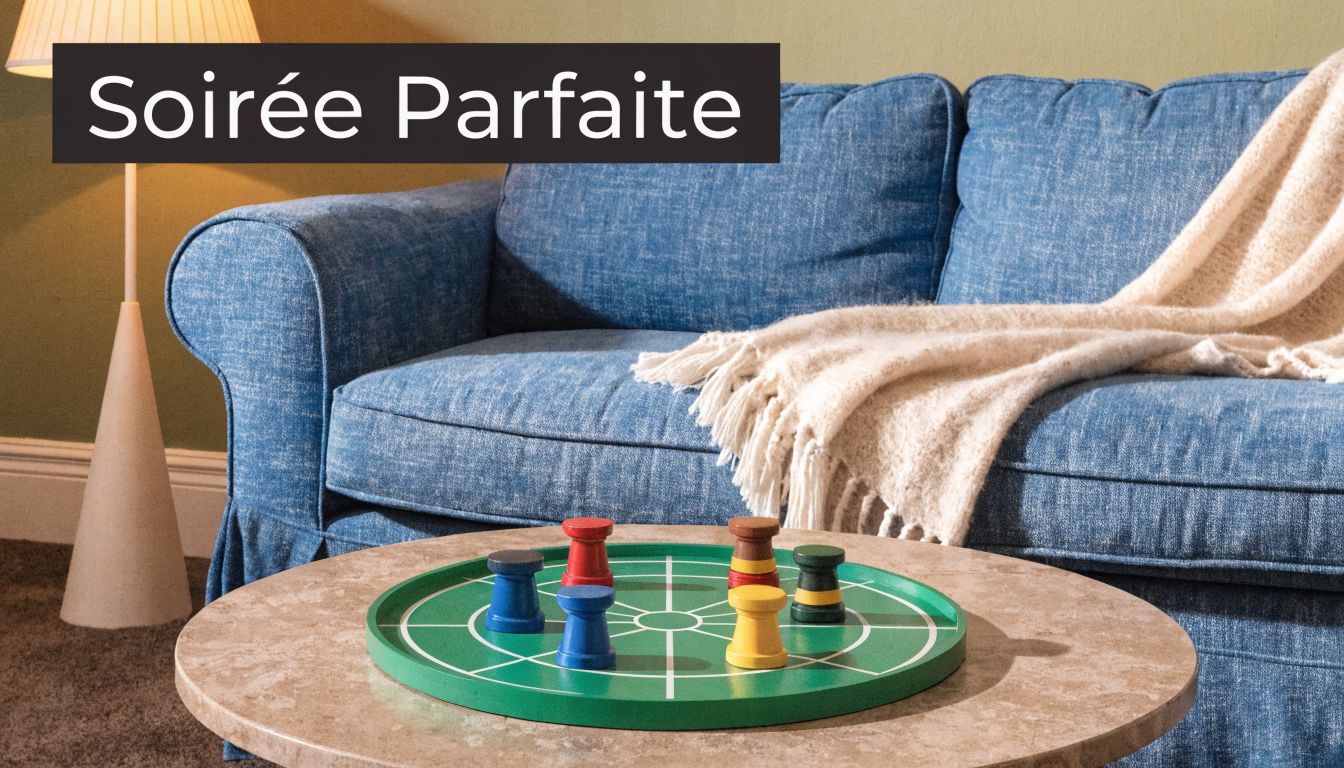 Un jeu de société sur une table basse devant un canapé bleu confortable dans un salon.