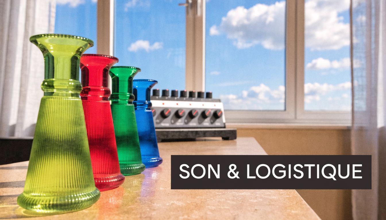 Quatre vases colorés en verre posés sur une table devant une console de mixage audio.