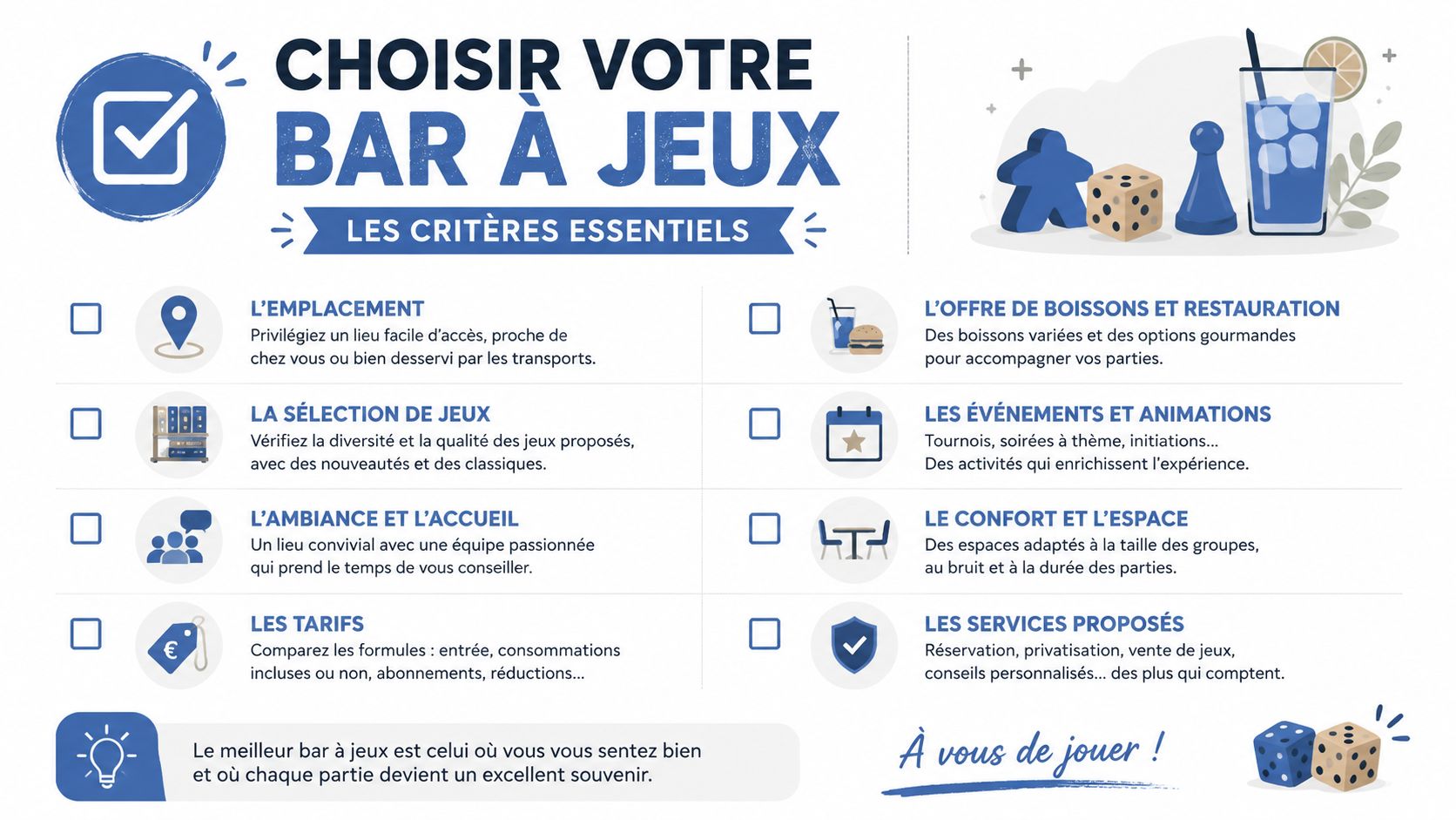 Infographie présentant les critères essentiels pour choisir le meilleur bar à jeux pour passer une soirée réussie.