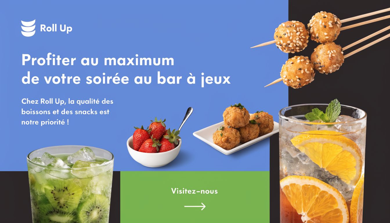 Une publicité colorée pour un bar à jeux, mettant en avant des snacks gourmands et des boissons rafraîchissantes.
