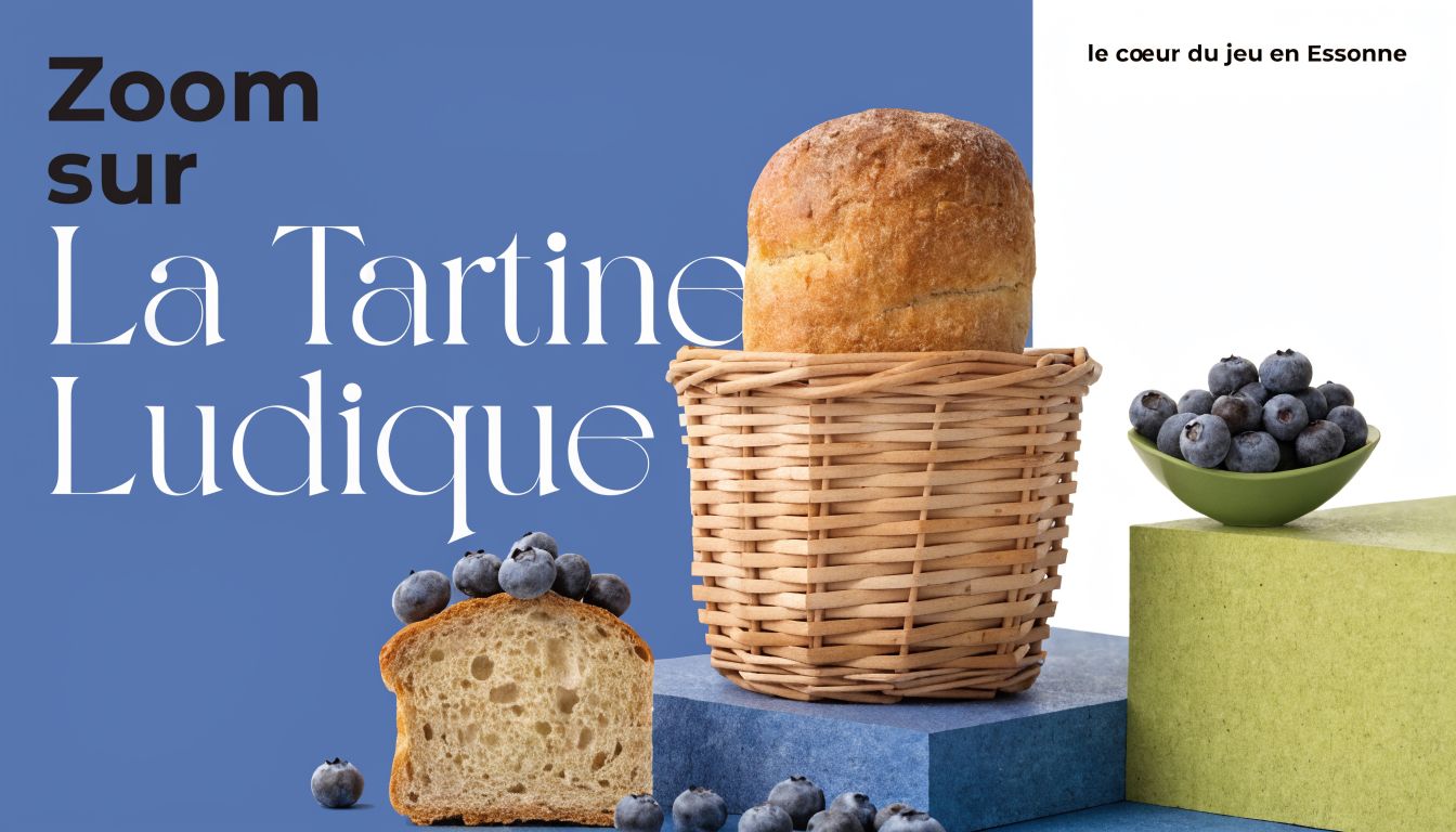 Une image publicitaire élégante pour La Tartine Ludique, un bar à jeux situé dans le département de l'Essonne.
