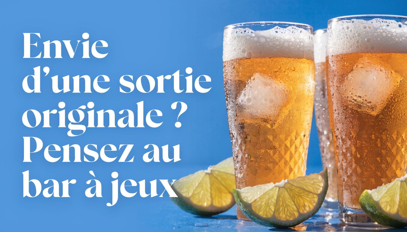 Publicité pour un bar à jeux montrant des verres de bière avec de la glace et du citron.