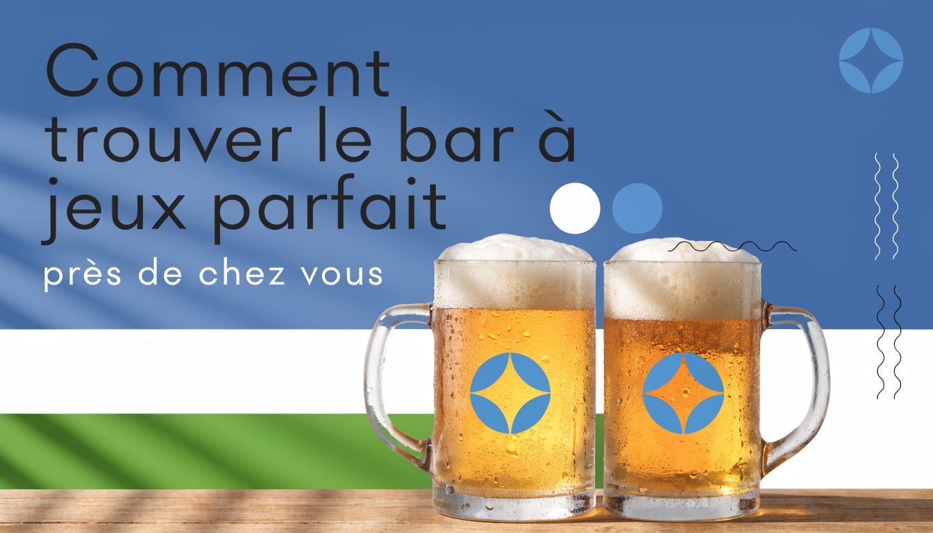 Deux chopes de bière sur une table en bois avec un texte français sur fond bleu.