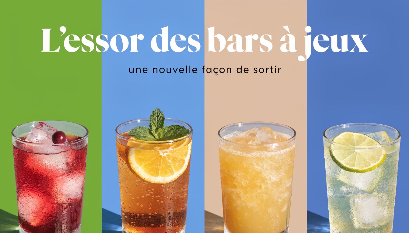 Quatre verres de cocktails colorés devant des panneaux vert, bleu, beige et bleu foncé pour les bars à jeux.