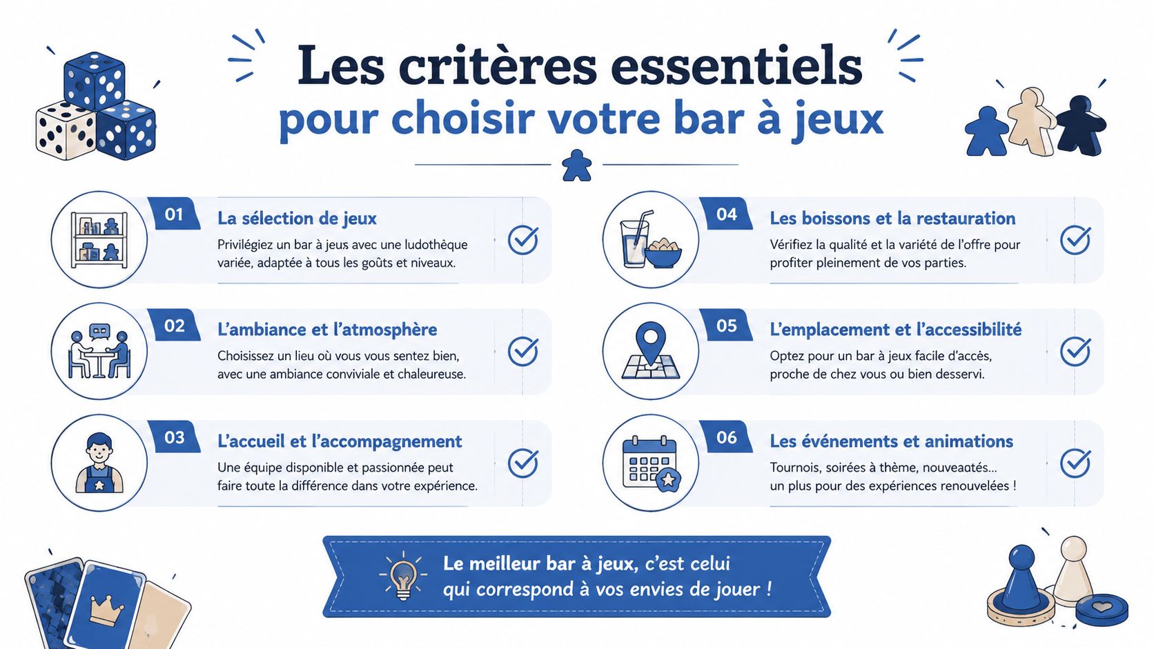 Infographie présentant les six critères essentiels pour bien choisir votre bar à jeux local.