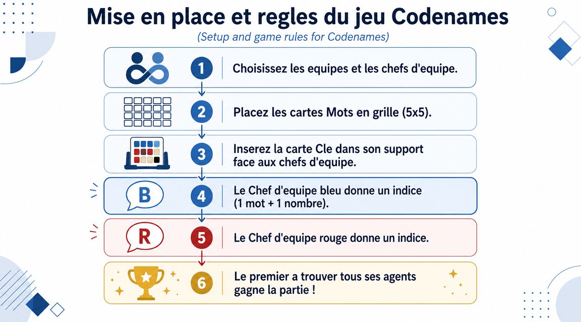 Infographie illustrant les étapes de mise en place et les règles du jeu de société Codenames.