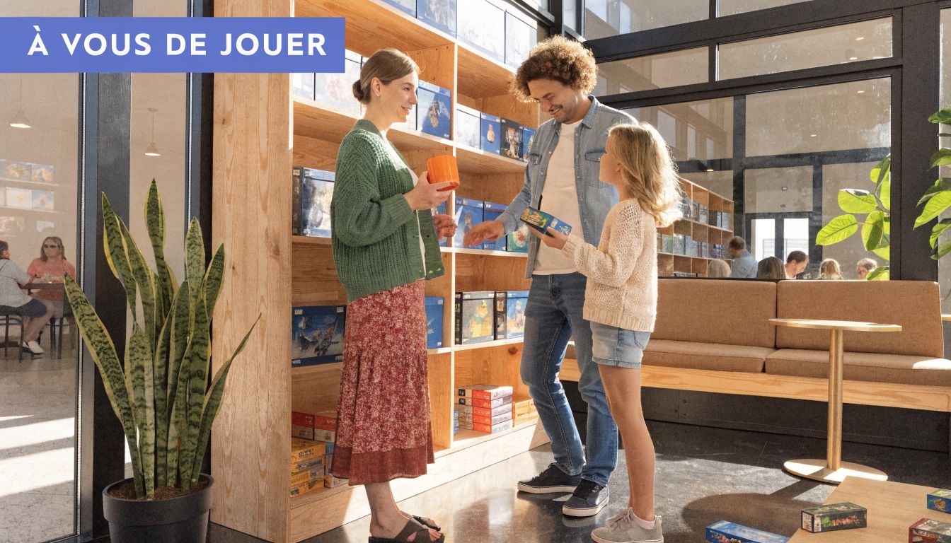 Une famille choisit des jeux de société sur les étagères dans une boutique chaleureuse et lumineuse.