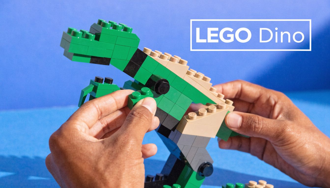 Des mains assemblent un dinosaure en briques LEGO vertes et beiges sur un fond bleu uni.