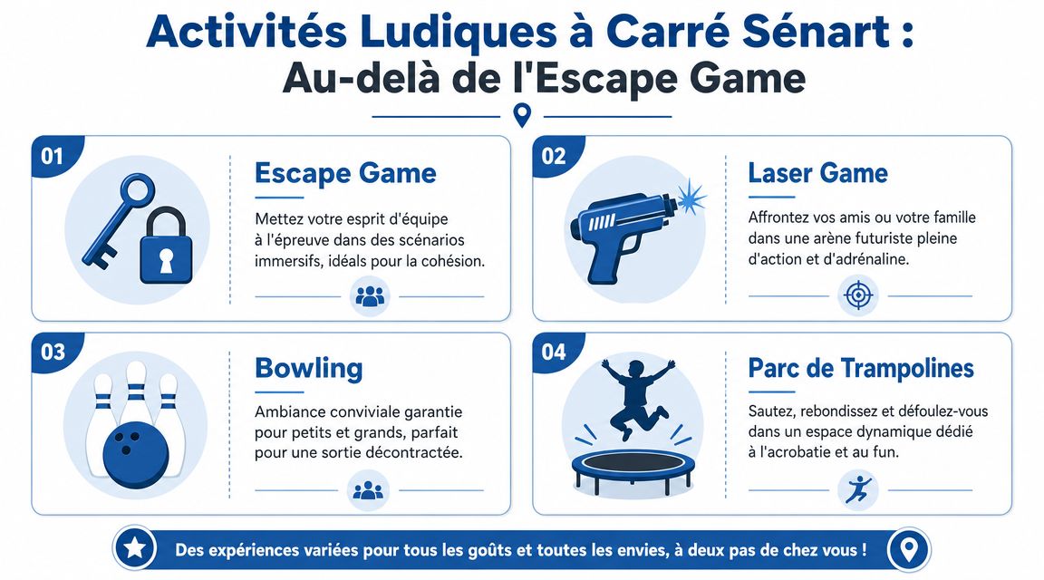 Infographie présentant quatre activités de loisirs à Carré Sénart, incluant escape game, laser game, bowling et trampoline.