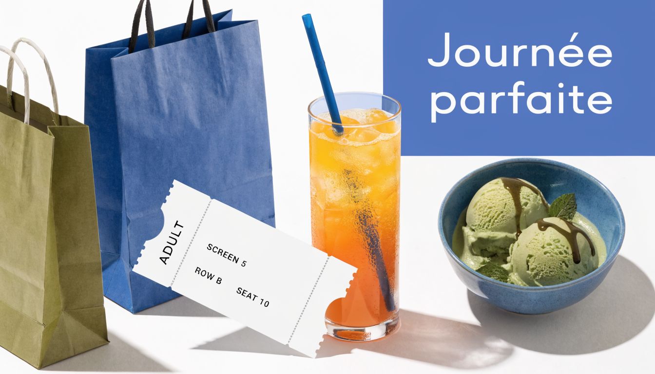 Sacs de shopping, un billet de cinéma, un cocktail rafraîchissant et une glace pour une journée parfaite.