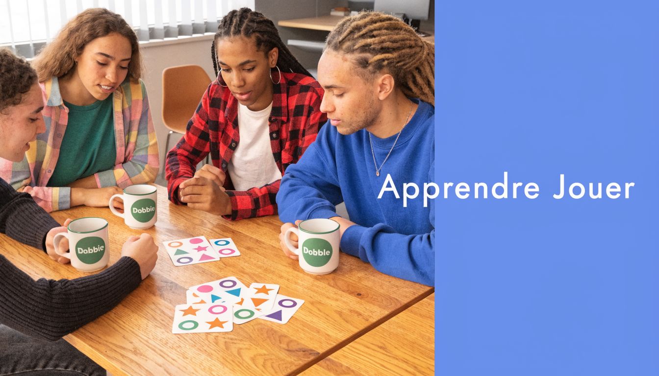 Quatre jeunes amis jouent à un jeu de cartes Dobble autour d'une table en bois avec des tasses.