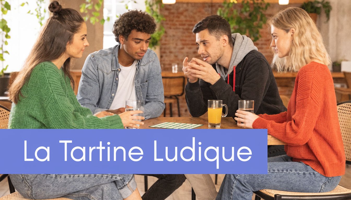 Quatre amis assis autour d'une table dans un café en train de jouer ensemble au jeu Codenames.