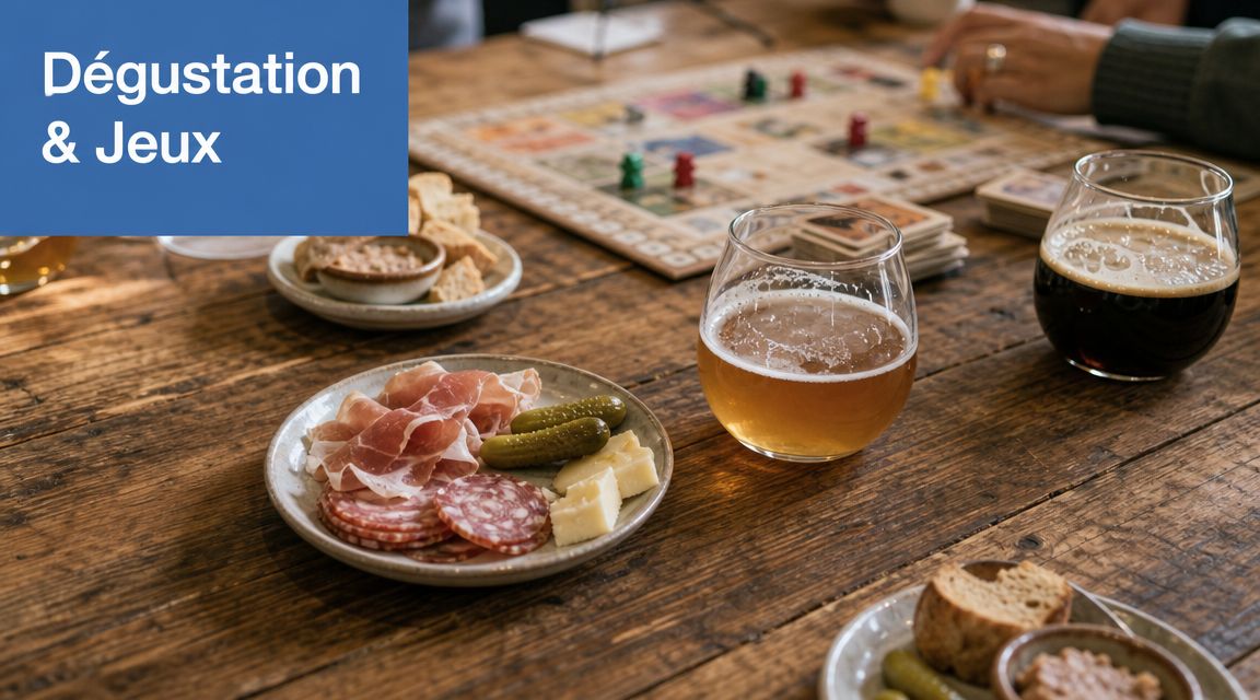 Table en bois avec une planche de charcuterie, des verres de bière et un jeu de société.