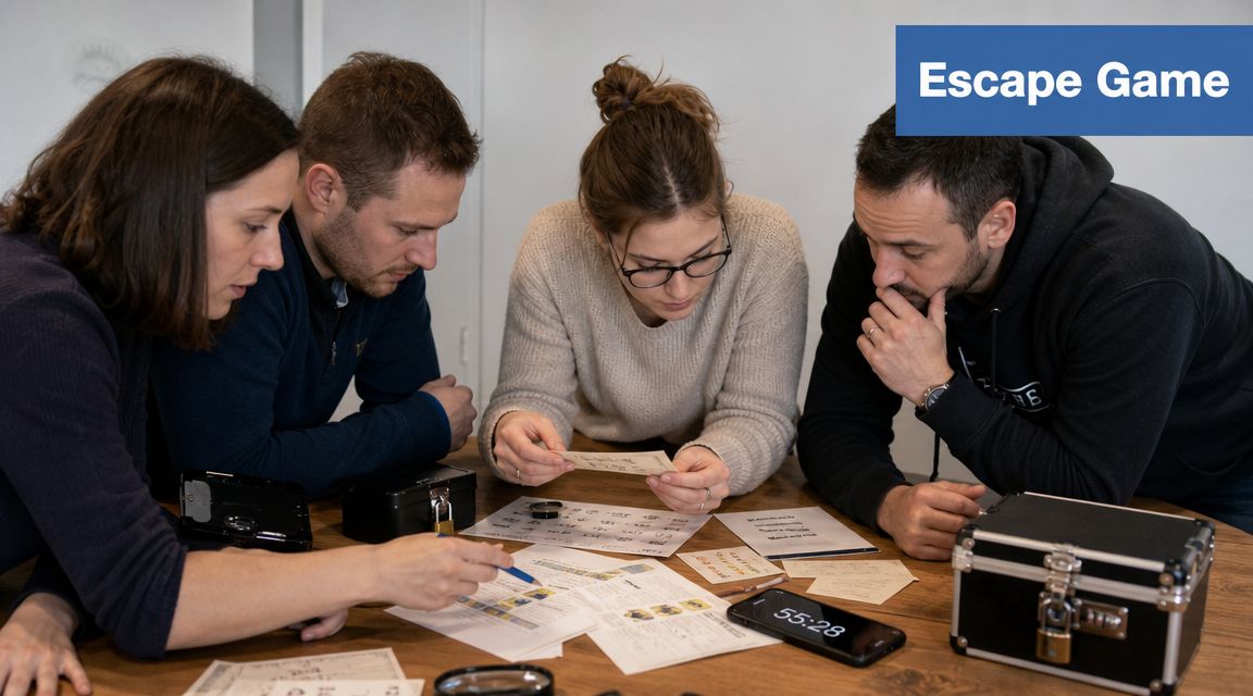 Une équipe de collègues concentrés résolvant des énigmes lors d'une activité ludique d'escape game en entreprise.