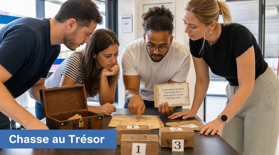 Un groupe de collègues participe à une activité de team building sous forme de chasse au trésor.