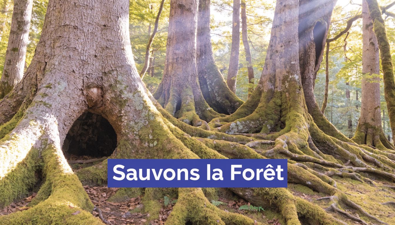 Des arbres anciens majestueux recouverts de mousse dans une forêt profonde avec le texte Sauvous la Forêt.