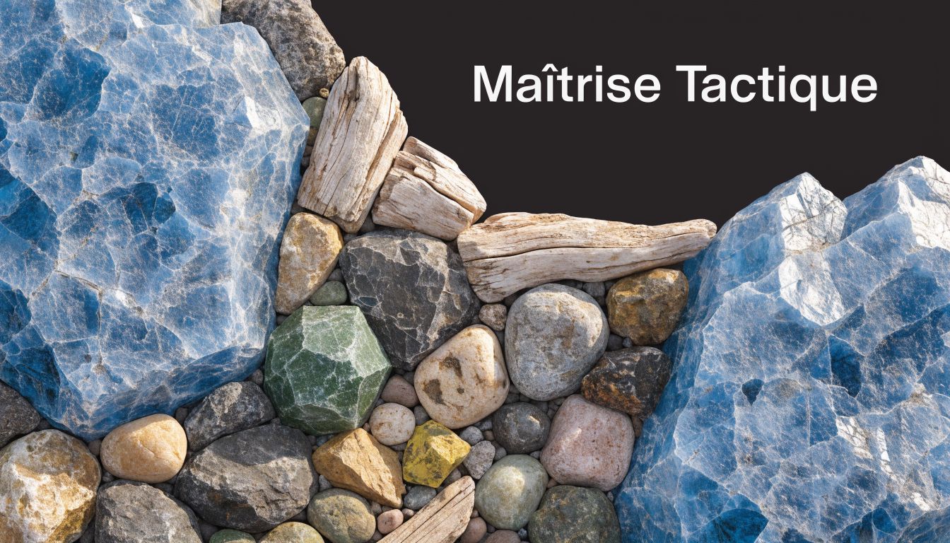 Des rochers, du bois flotté et un cristal vert texturé assemblés artistiquement sur un fond sombre.