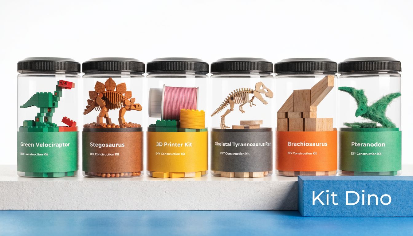 Six bocaux en plastique contenant des kits de construction de dinosaures sur un support blanc.