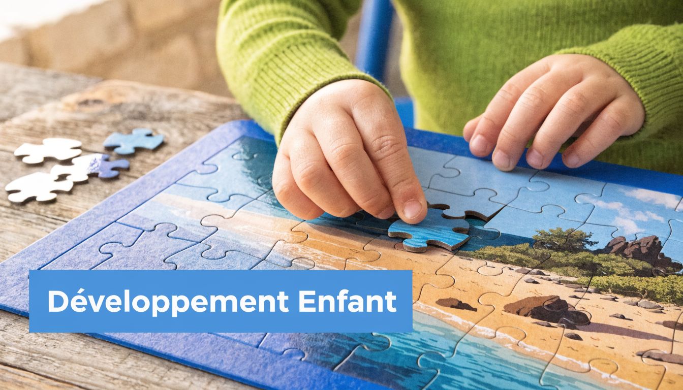 Un enfant en pull vert assemble les pièces d'un puzzle représentant un paysage de plage ensoleillée.