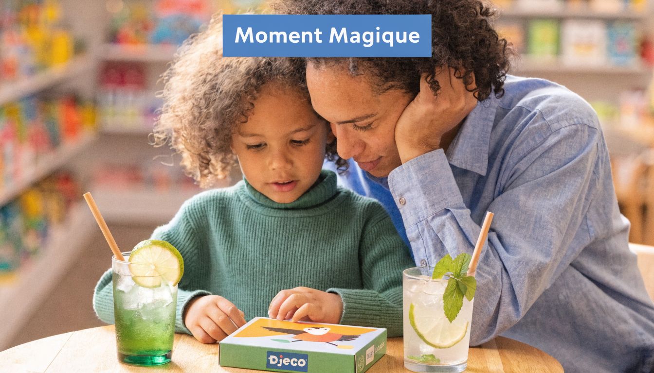 Un parent et son enfant jouent ensemble avec un puzzle Djeco sur une table de café lumineuse.