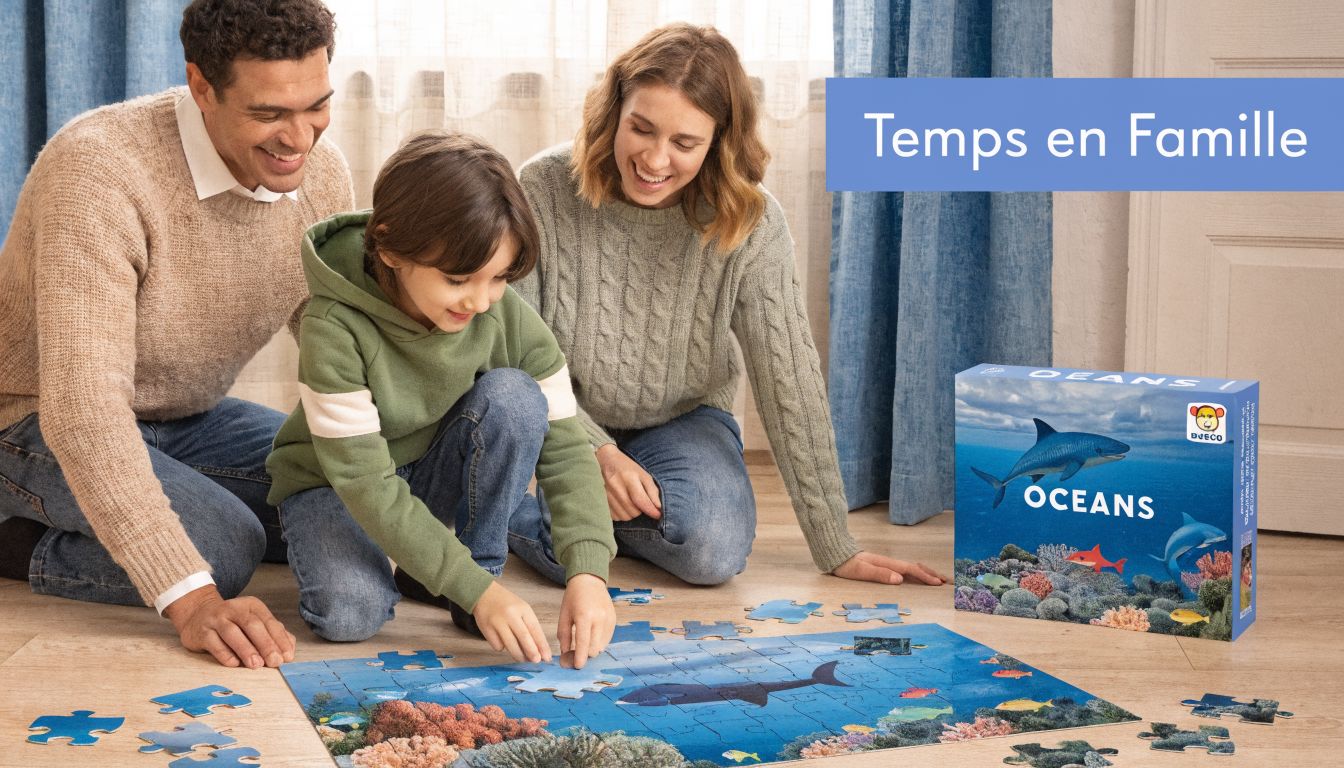 Une famille joyeuse assemble ensemble un puzzle Djeco sur le thème des océans dans un salon lumineux.
