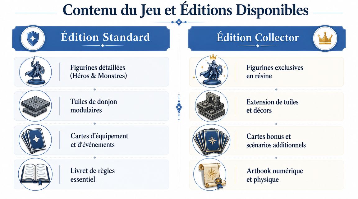 Tableau comparatif illustré présentant le contenu des éditions standard et collector du jeu Dungeon Saga Origins.