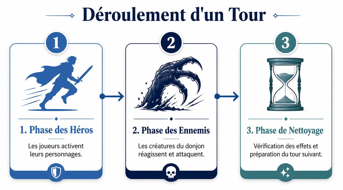 Un schéma illustrant les trois étapes du déroulement d'un tour dans un jeu de plateau de donjon.
