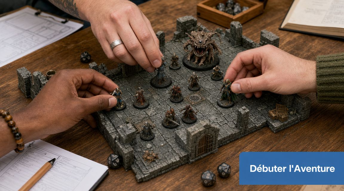 Plusieurs joueurs manipulent des figurines fantastiques sur un plateau de jeu de donjon détaillé.