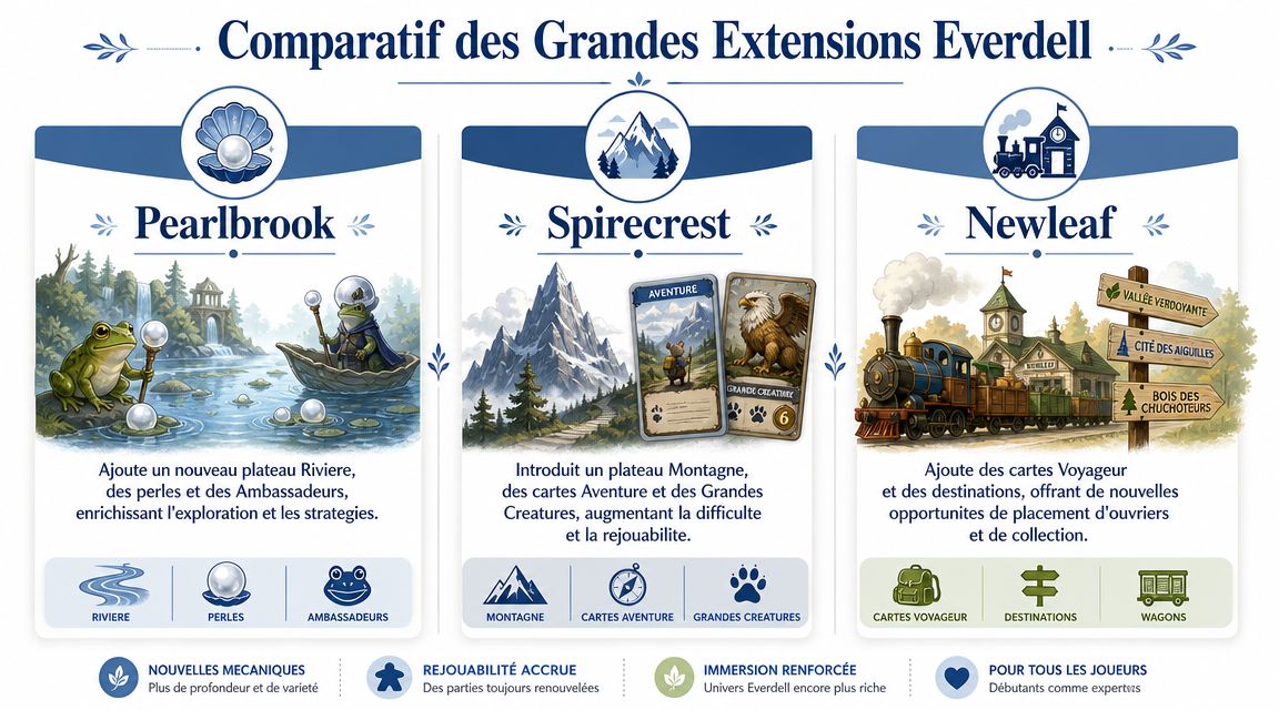 Tableau comparatif des trois grandes extensions du jeu de société Everdell : Pearlbrook, Spirecrest et Newleaf.