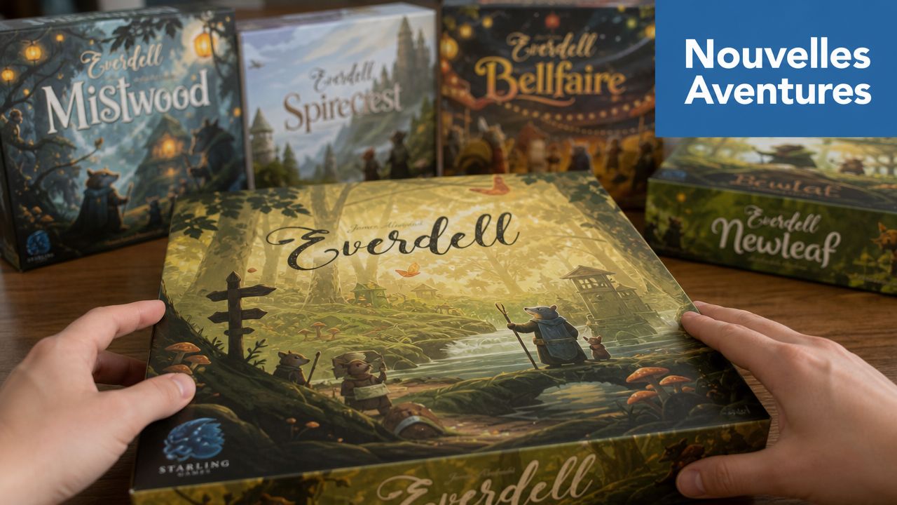 Une personne tient une boîte de jeu de société Everdell entourée de plusieurs autres extensions de jeu.