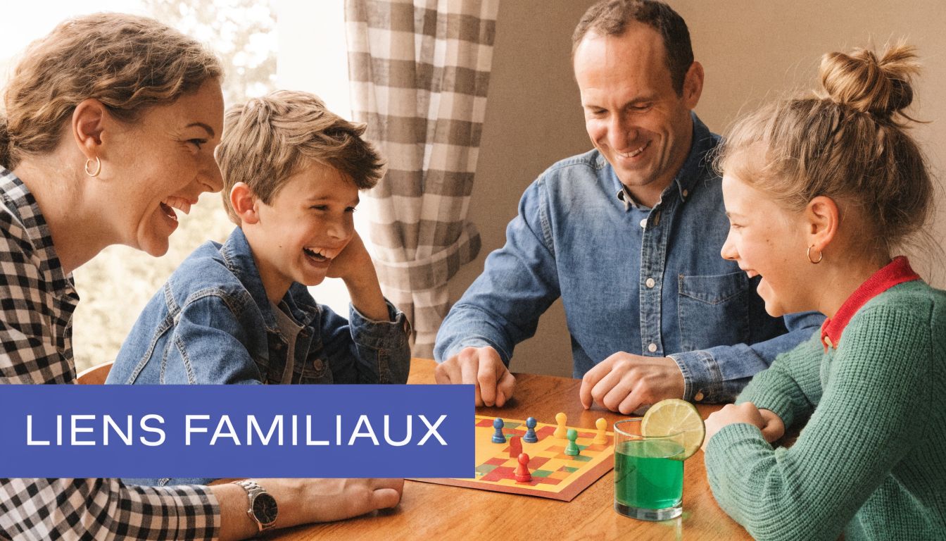 Une famille heureuse joue ensemble à un jeu de société autour d'une table en bois.