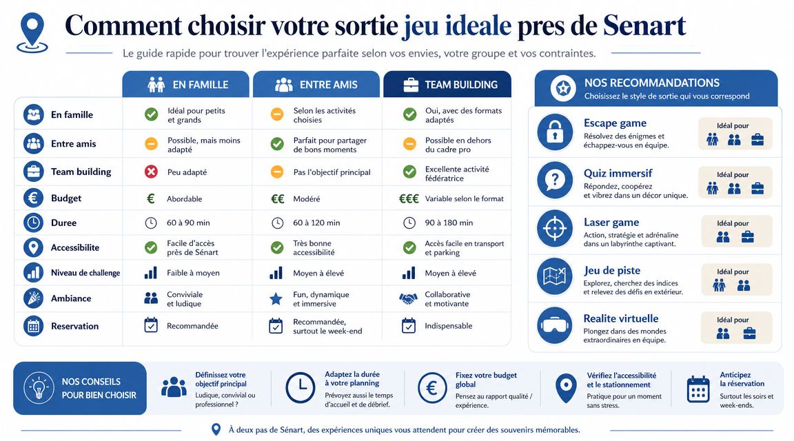 Infographie présentant un guide pour choisir une activité de jeu idéale à proximité de Sénart en France.