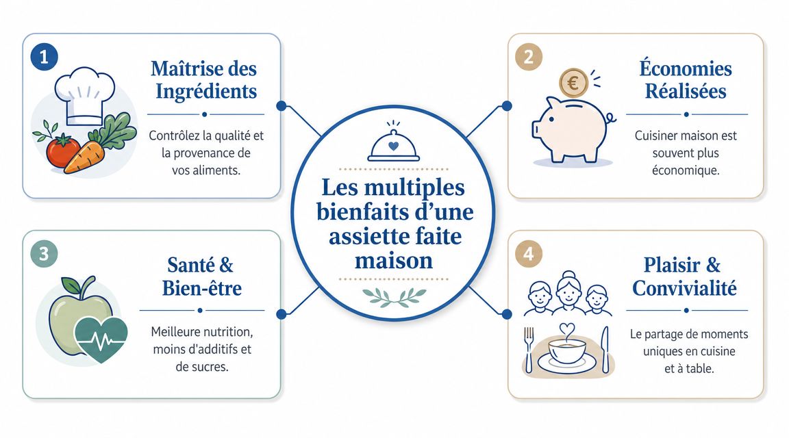 Infographie illustrant les quatre bénéfices majeurs de la cuisine faite maison pour la santé et le budget.