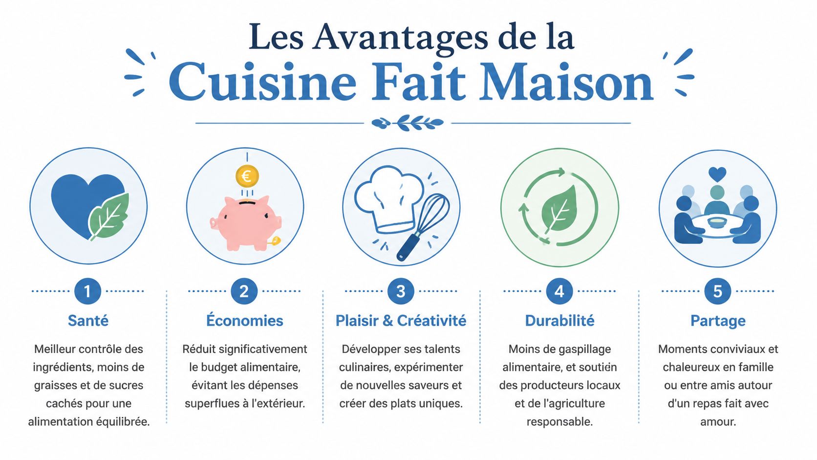 Infographie illustrant les cinq principaux avantages de la cuisine faite maison, incluant la santé, les économies et le partage.