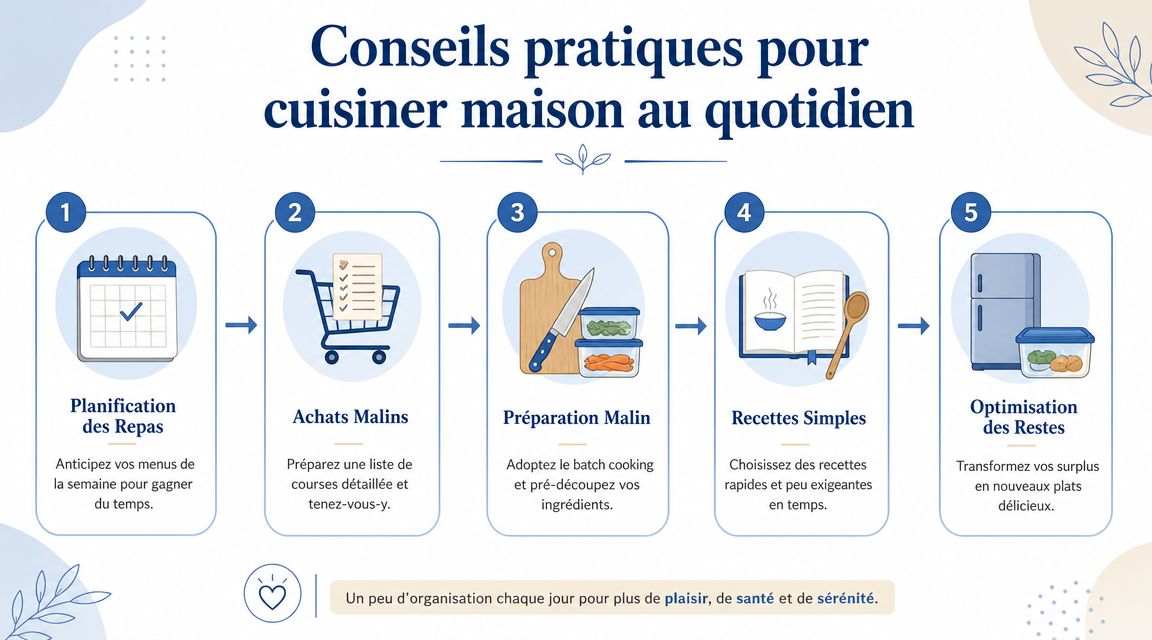 Une infographie montrant cinq étapes pour réussir sa cuisine faite maison au quotidien de manière organisée.