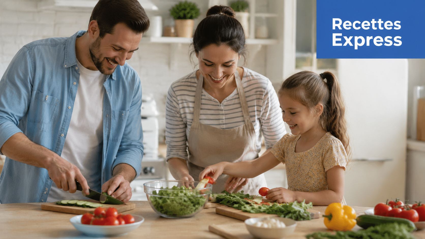 Une famille joyeuse prépare ensemble une salade fraîche avec des légumes sains dans la cuisine de maison.