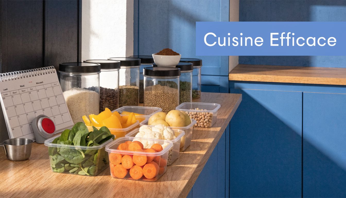 Des ingrédients frais et des bocaux de stockage organisés sur un plan de travail de cuisine moderne.