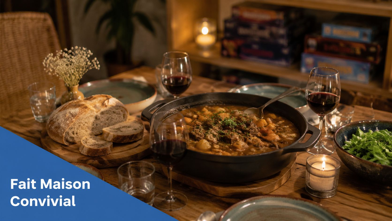 Table en bois dressée pour un dîner chaleureux avec un plat en sauce, du pain et du vin.