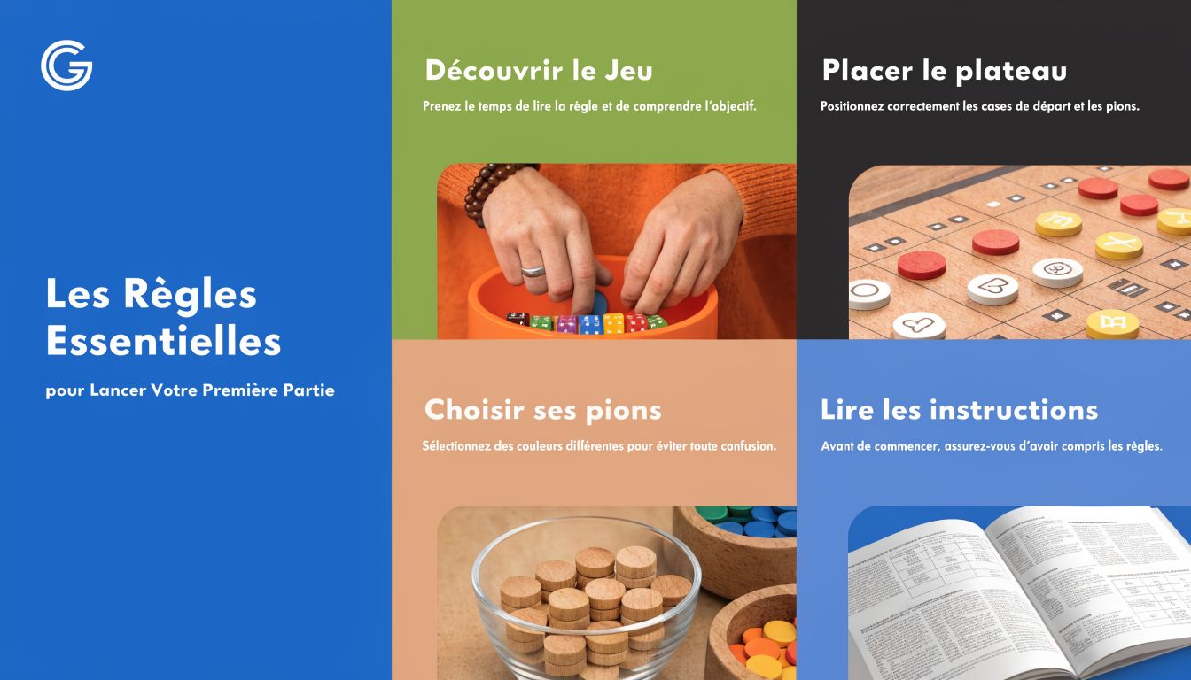 Affiche présentant les règles essentielles en quatre étapes pour commencer une première partie de jeu de plateau.