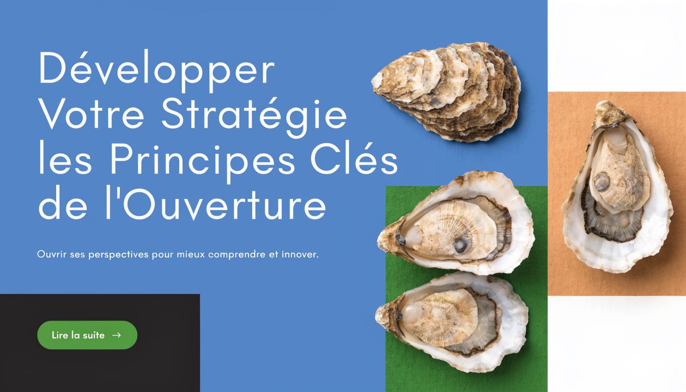 Illustration montrant des huîtres ouvertes sur un fond bleu avec le titre sur la stratégie de l'ouverture.