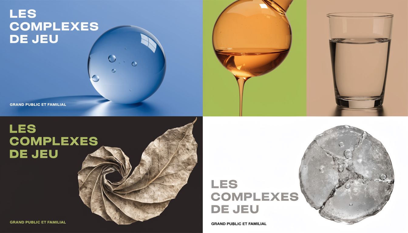Collage artistique montrant des éléments naturels, une sphère bleue, un verre d'eau et des feuilles sur fond coloré.
