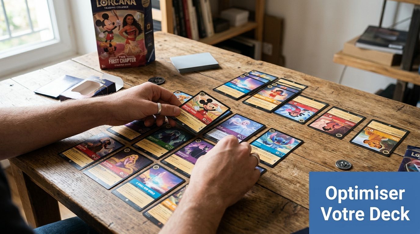 Une personne jouant avec des cartes Lorcana sur une table en bois pour optimiser son deck de jeu.